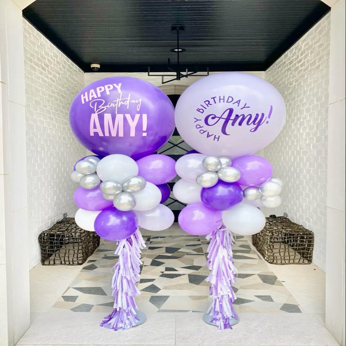Personalised Pillar/Column/Tower Balloons White, Purple and Silver with Customize Sticker and Tasse
