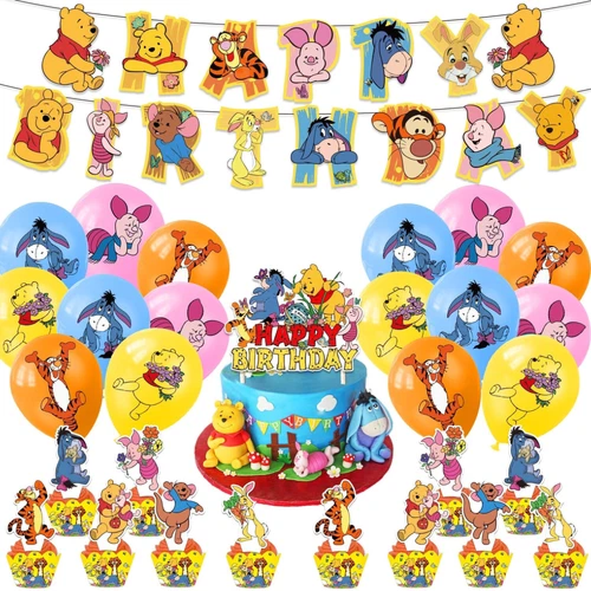 Winnie The Pooh Theme Birthday Party Decorate Set,Banner Balloons Cake Toppers