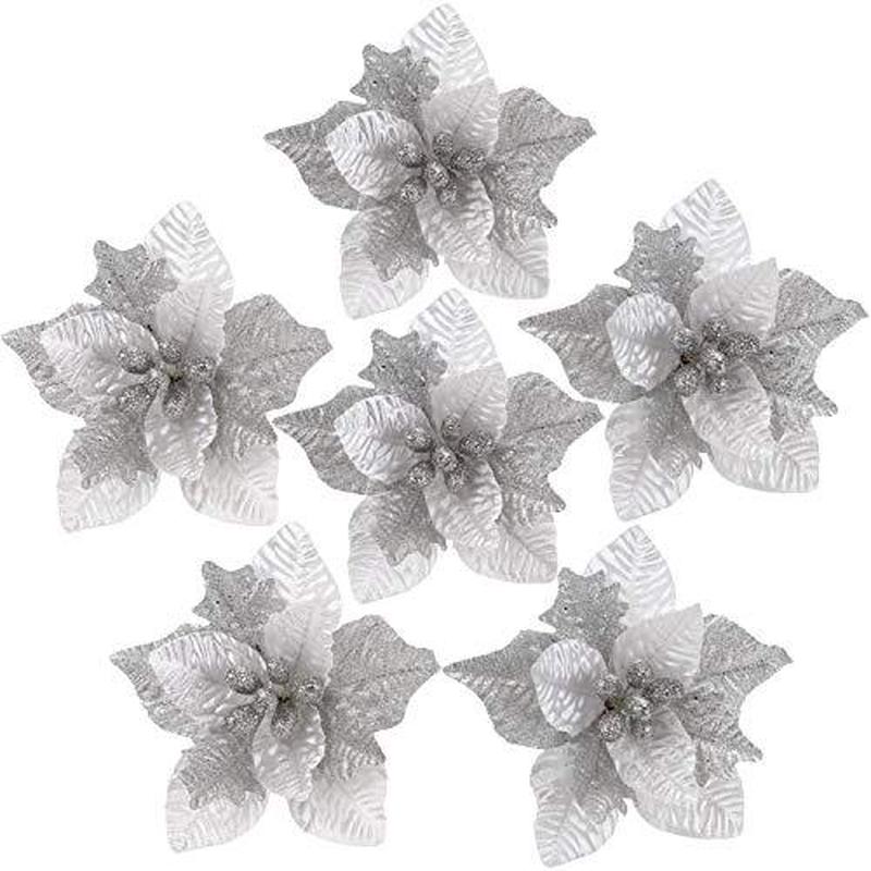 6-Pack Artificial Glitter Poinsettia Christmas Flower Ornaments Tree Decorations