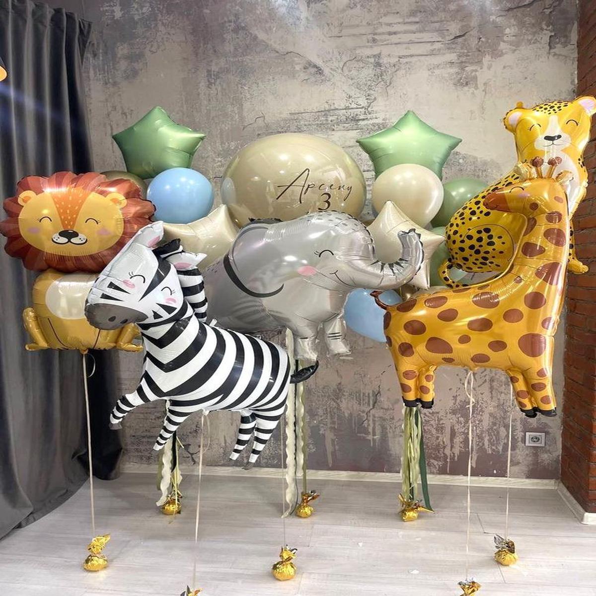 Balloons Foil Lion, Zebra, Giraffe, Elephant and Leopard with Personalised Clear with Beige and Cus