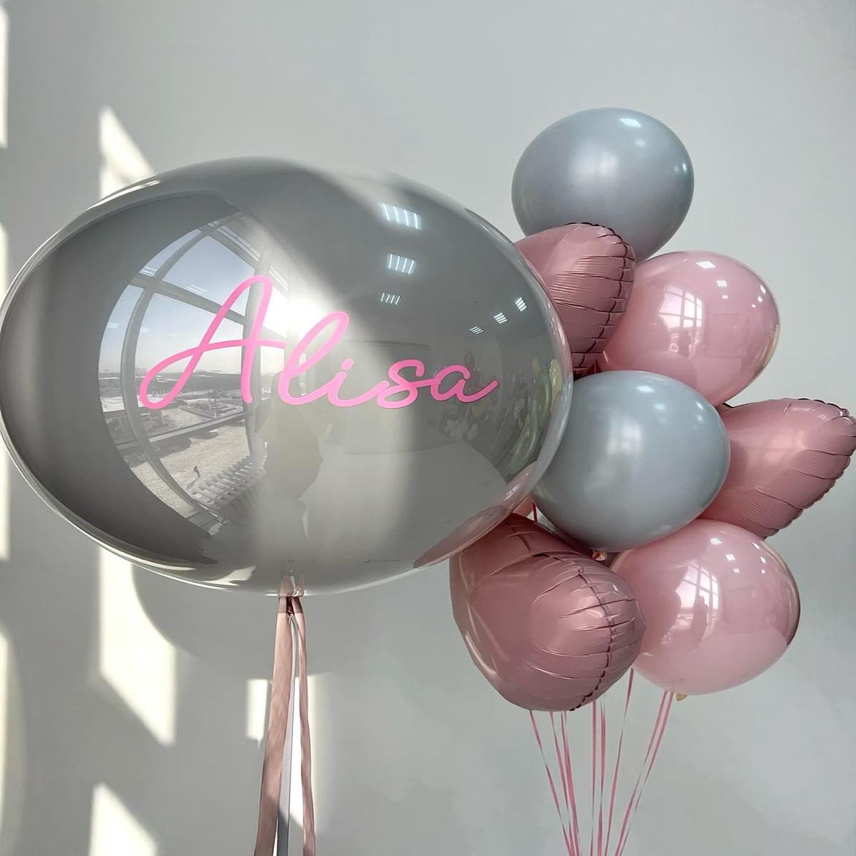 Personalised Helium Balloon Clear with Blue and Pink Latex, Heart-Shaped Foil and Ribbons - Perfect