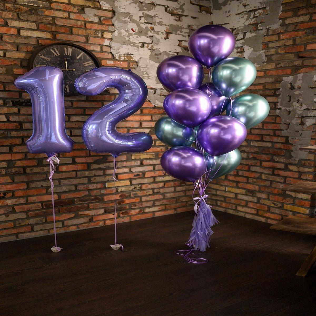 Helium Purple 12 Two Number Set Balloon with Chrome Green and Chrome Purple with Tassels