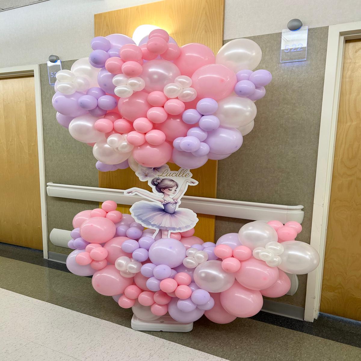 Hospital Setup Customized Ballerina with Balloons Purple, Pink and Pearl White and Helium Butterfly
