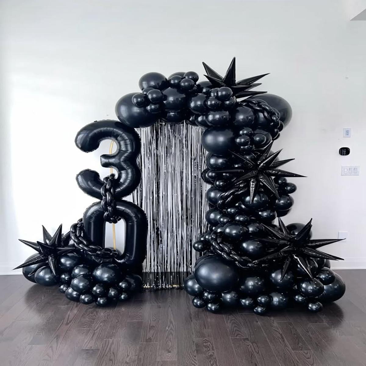 Balloon Chain Organic Arrangement Black with Starburst, Curtain Tassels and Number Balloon '30' - P