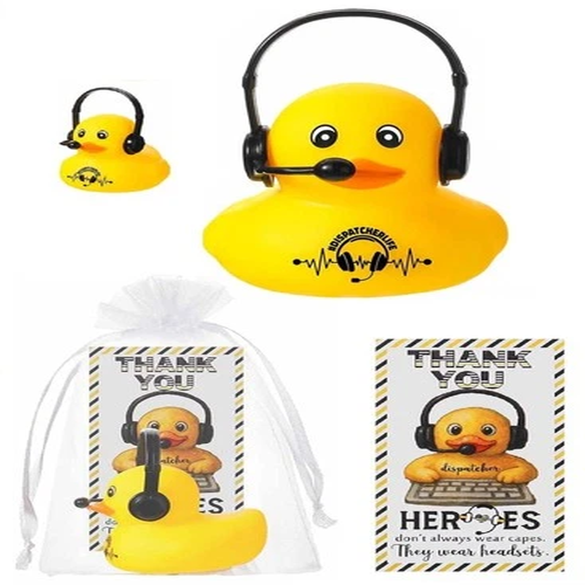 1, 3, or 5 Sets of 911 Dispatcher Rubber Ducks with Headphone, Thank You, & Bag