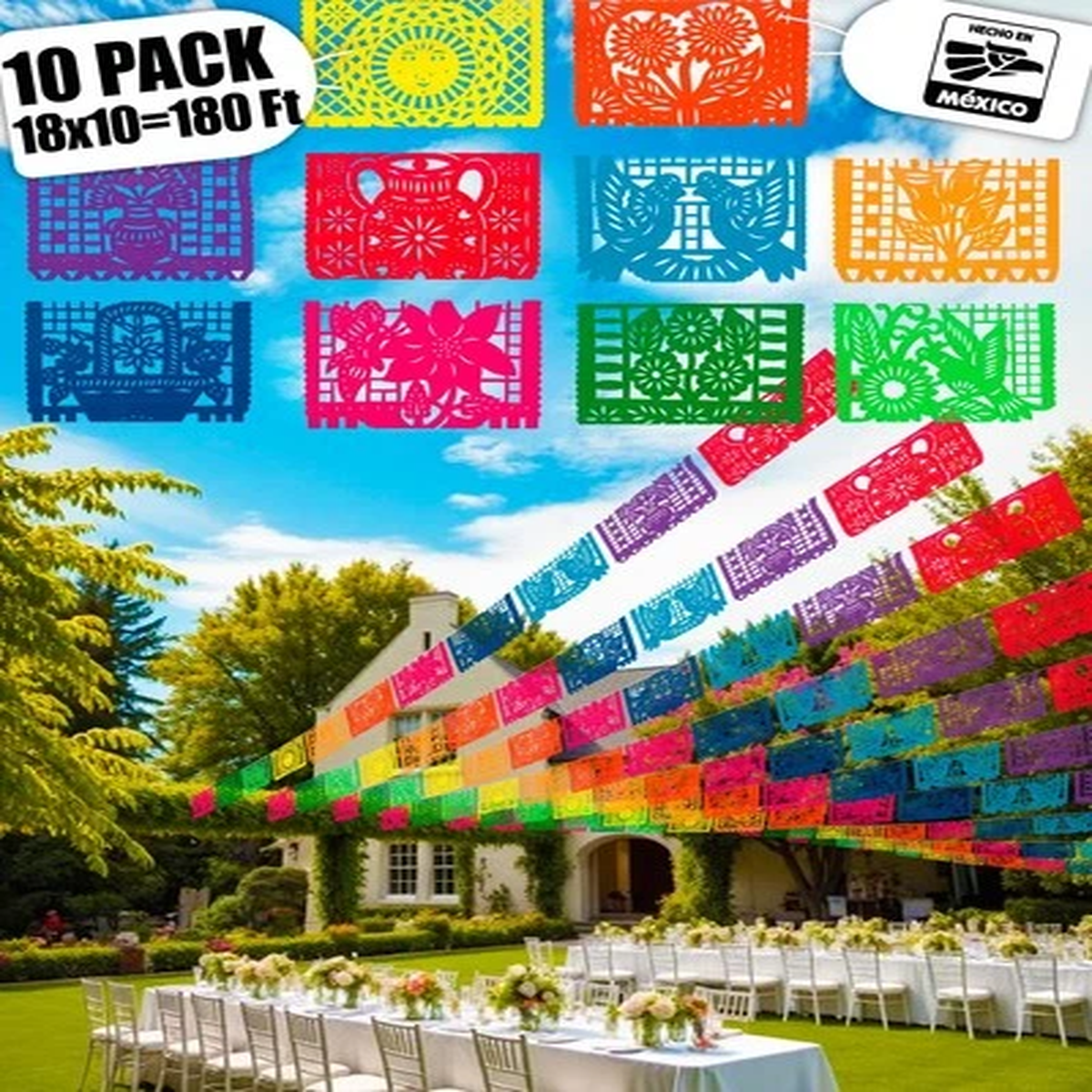 10 Packs Mexican Banners 180 Ft (18 Ft x 10) Papel Picado Mexicano para Fiest...