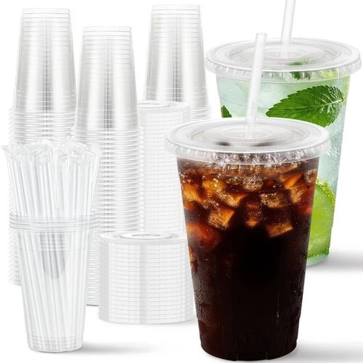 100 Pack 16 oz Clear Plastic Cups with Lids and Straws Disposable Cups Plastic