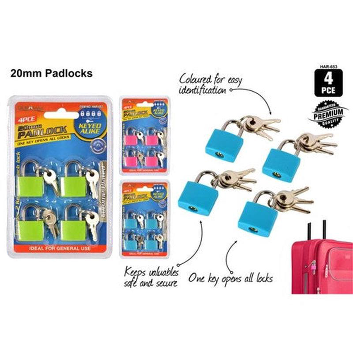 PADLOCK KEYED ALIKE BRASS 4PC 20MM