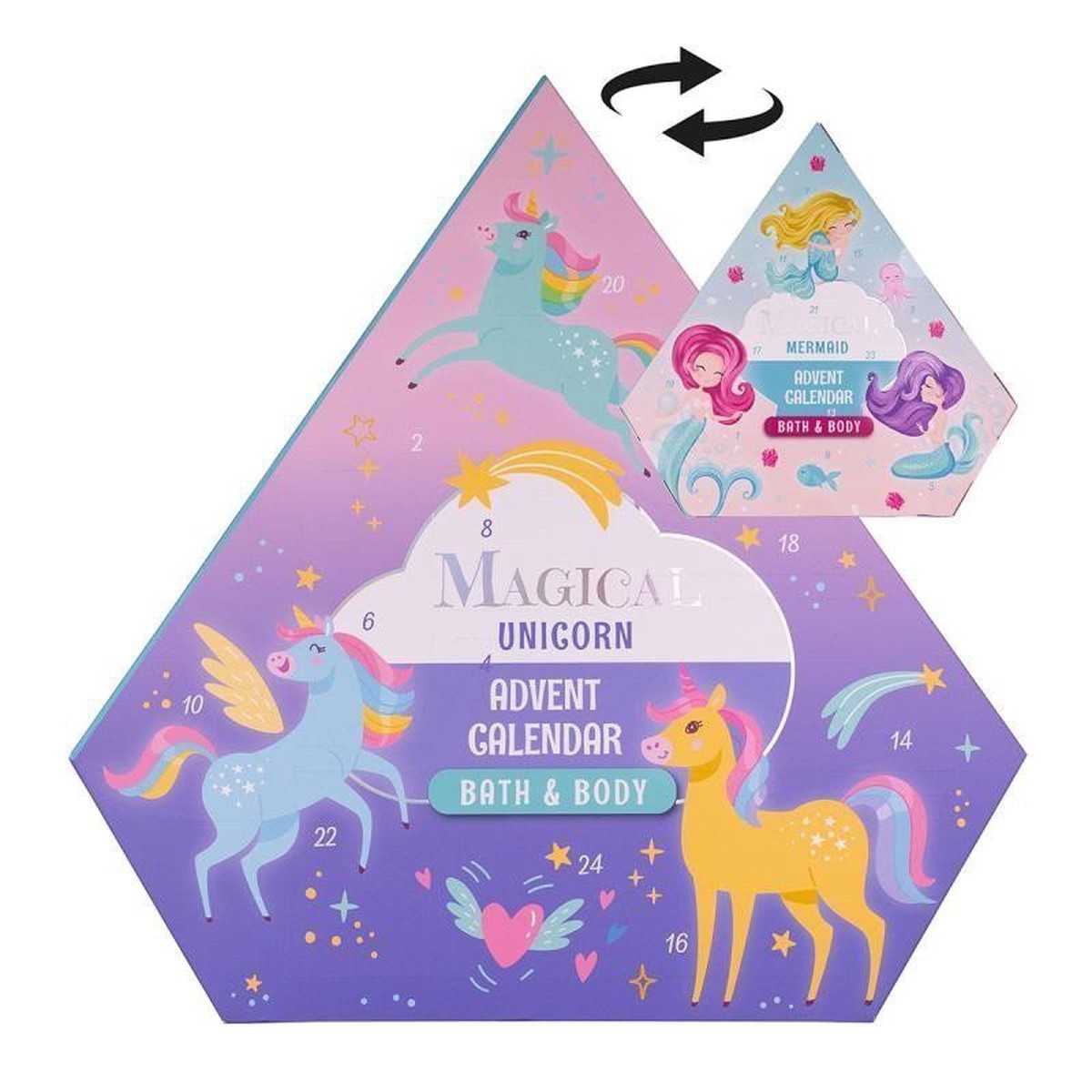 Adventn kalend MAGICAL UNICORN & MERMAID v krabice ve tvaru diamantu (oboustrann)
