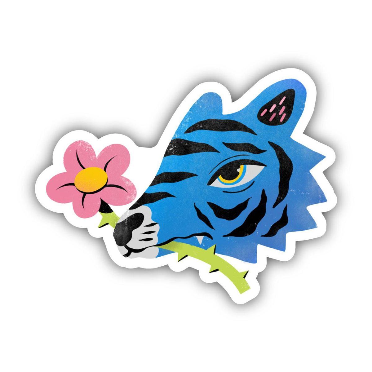 Tiger & Flower Sticker - Blue