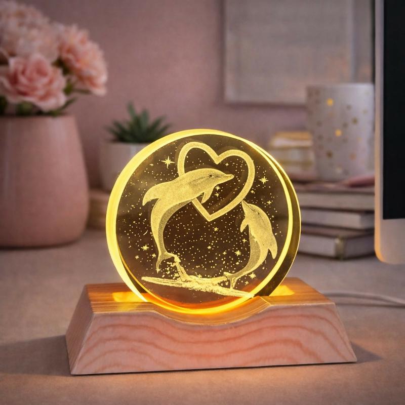 Dolphin Heart Engraved Acrylic LED Night Lamp with Wooden Base for Home Decor