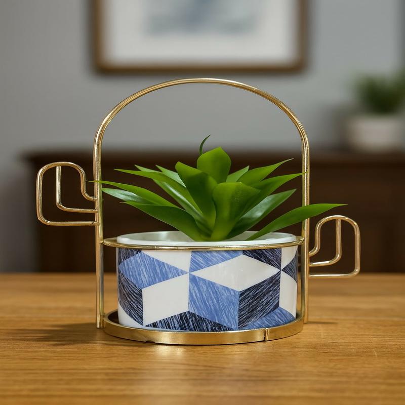 Geometric Pattern Ceramic Planter with Artificial Plant and Golden Metal Standfor