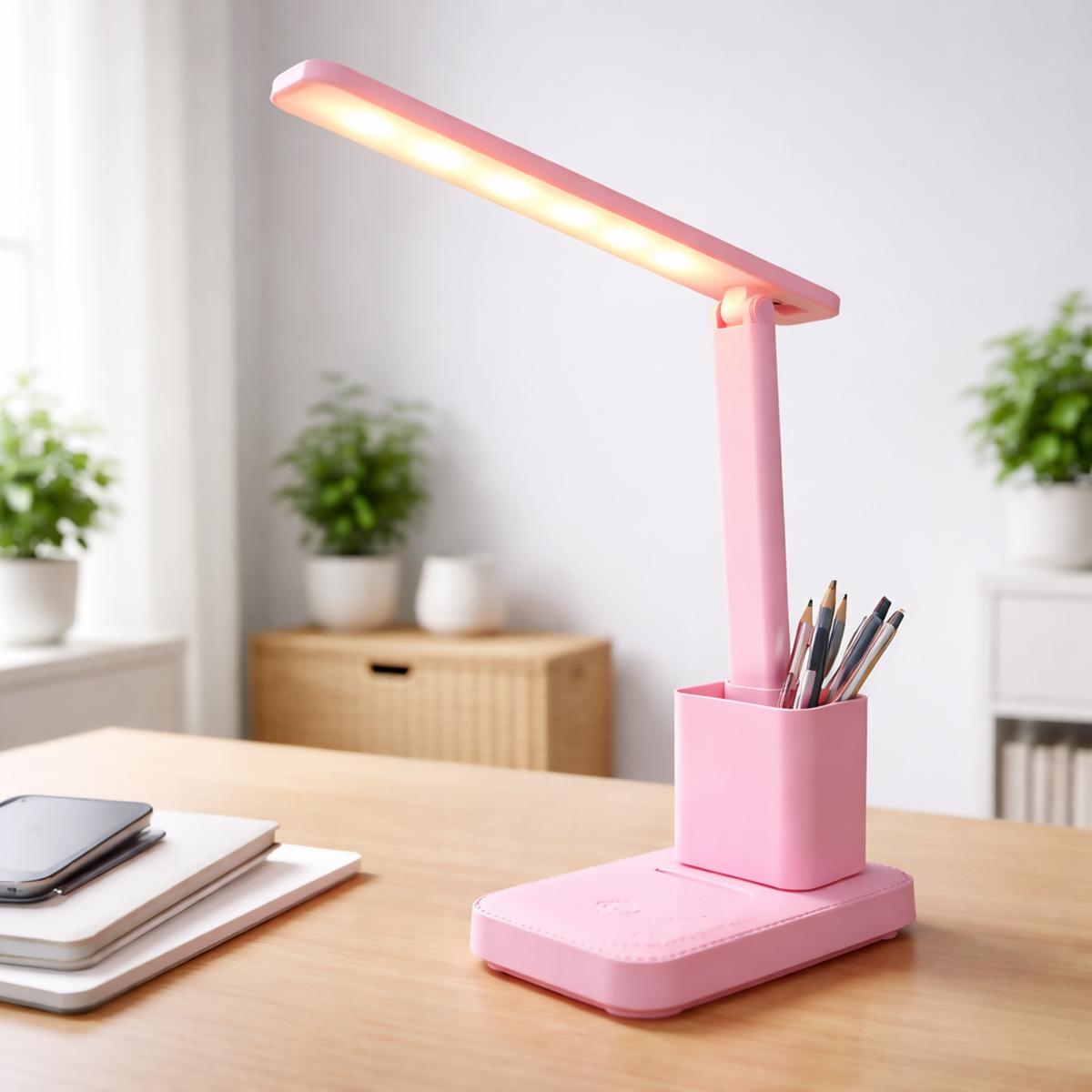 Rechargeable LED Desk Lamp with Pen Stand, Foldable Study Table Light