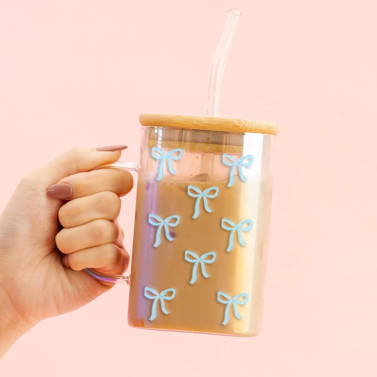 Square Glass Cup - Blue Bows