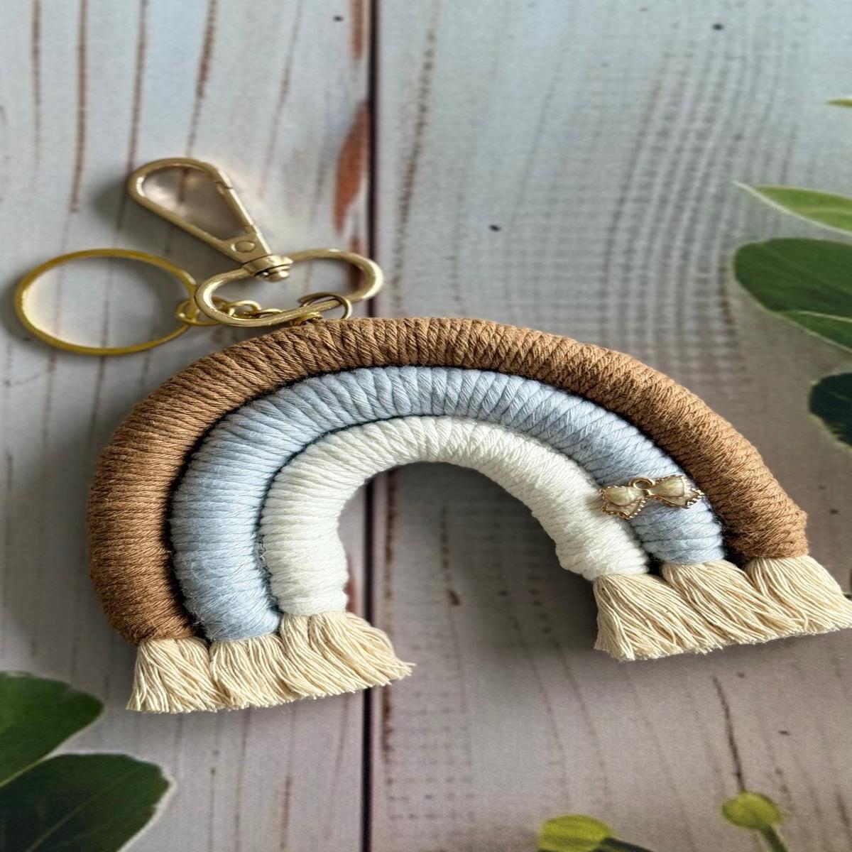 Macrame Rainbow Charm Keychain Handmade Boho Keychain