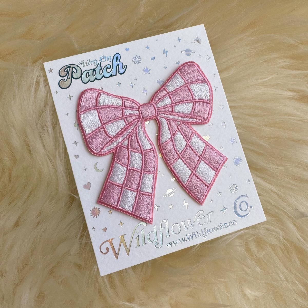 Checkered Bow Patch - Pastel Pink & White