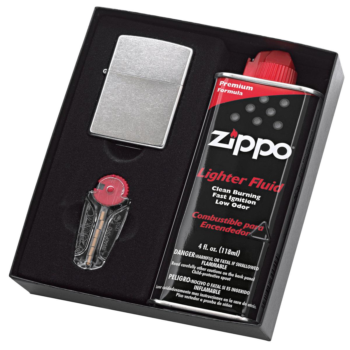 ZIPPO 205 SATIN CHROME W/FLUID & FLINTS