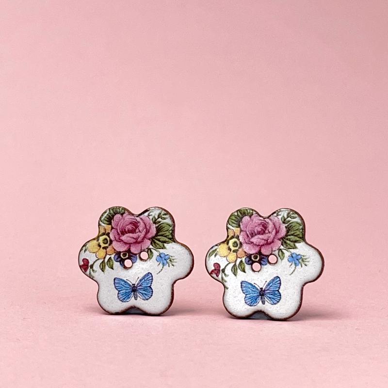 Porcelain button pair - rose/butterfly