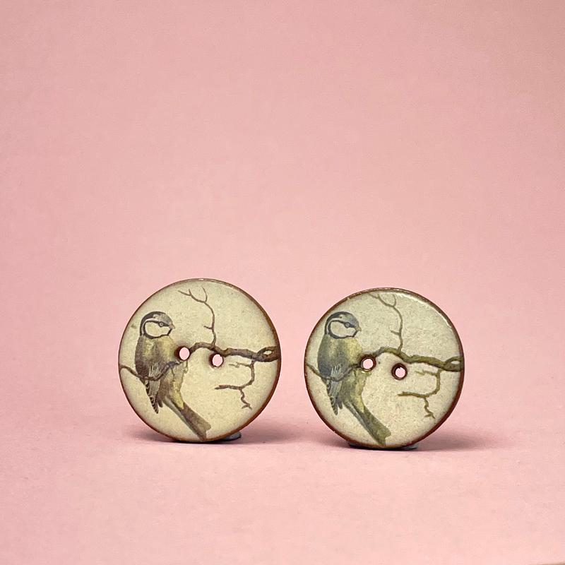 Porcelain button pair - blue tit